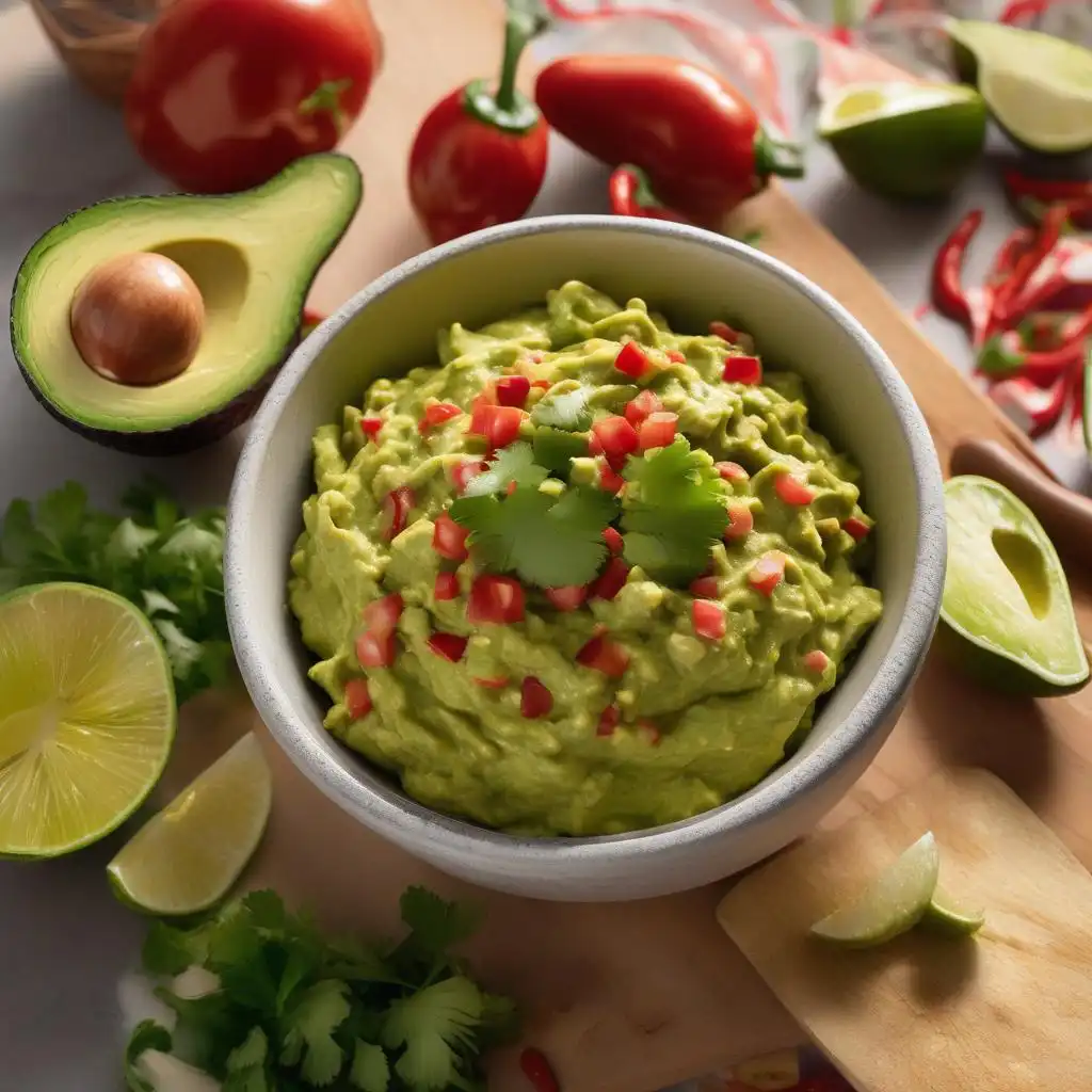 Text: Spicy guacamole served with tortilla chips.