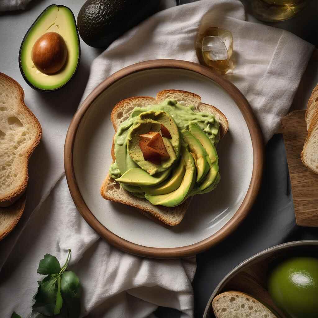 An overhead view of a creamy avocado spread in a small bowl, garnished with chopped cilantro and red pepper flakes. Slices of whole grain bread are arranged on the side, ready for spreading. Fresh avocado halves are placed nearby, adding a vibrant green color to the scene.