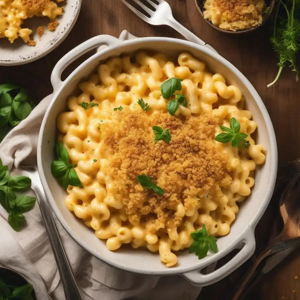 Creamy Tini's mac and cheese topped with breadcrumbs and baked to perfection.