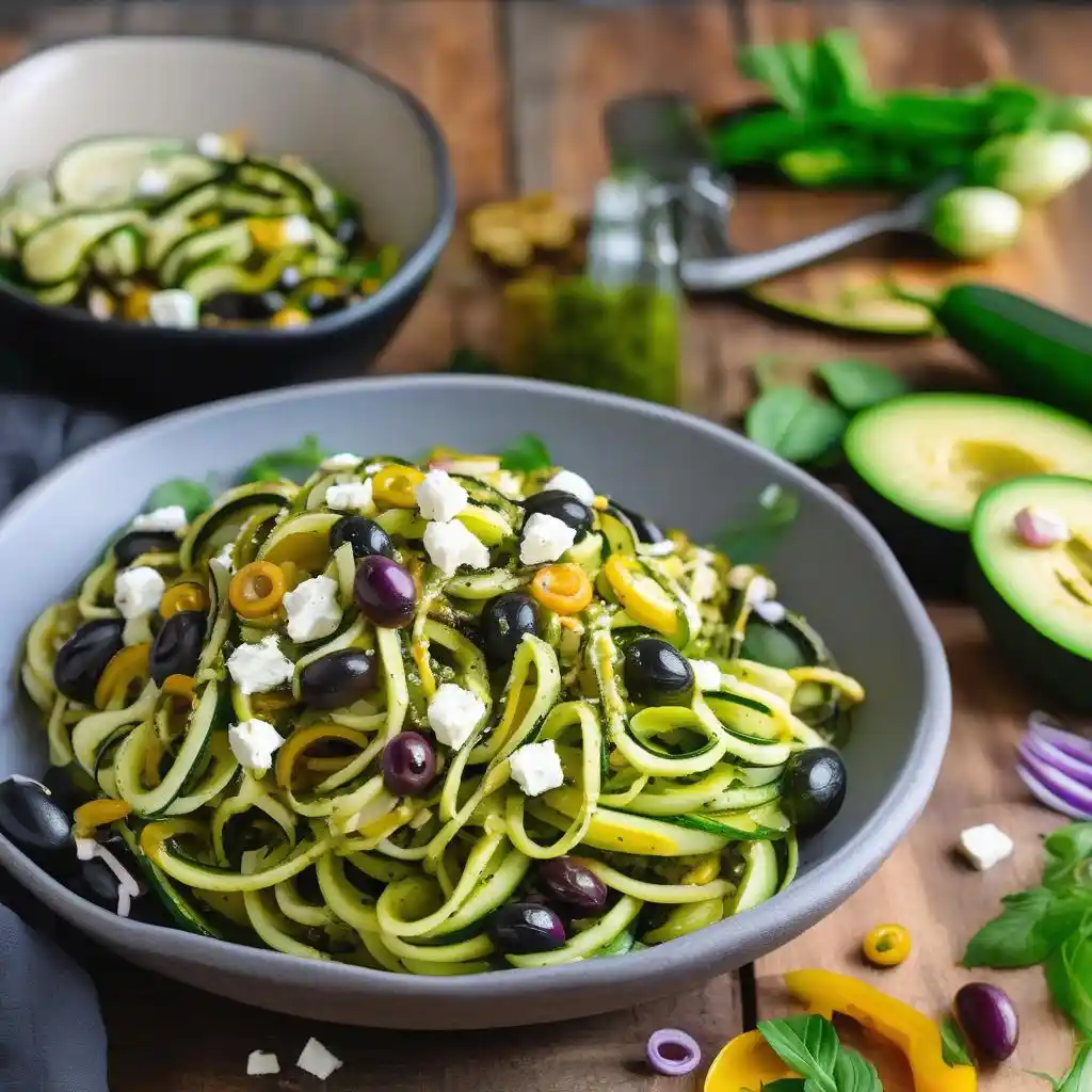 Fresh zucchini noodles topped with vegan pesto sauce.