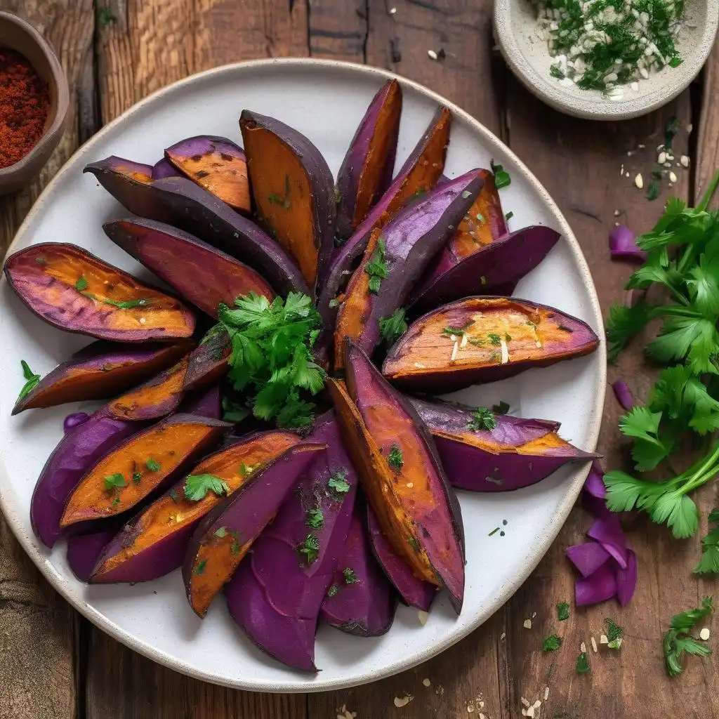 Roasted purple sweet potato wedges on a white plate, garnished with herbs.