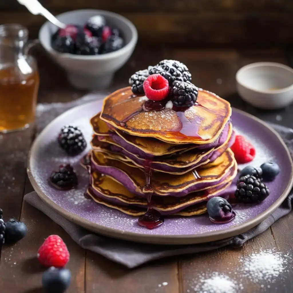 Purple sweet potato pancakes stacked high with maple syrup drizzle.