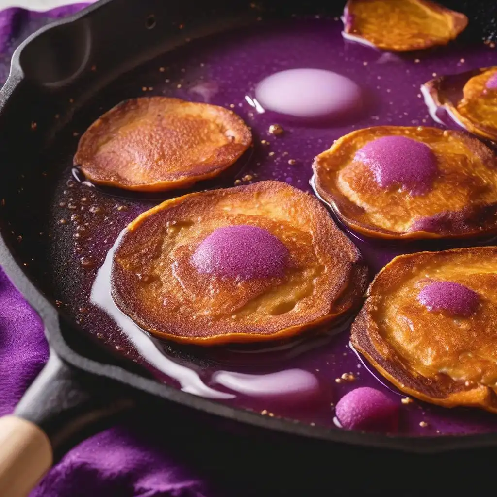 Purple sweet potato pancakes stacked high with maple syrup drizzle