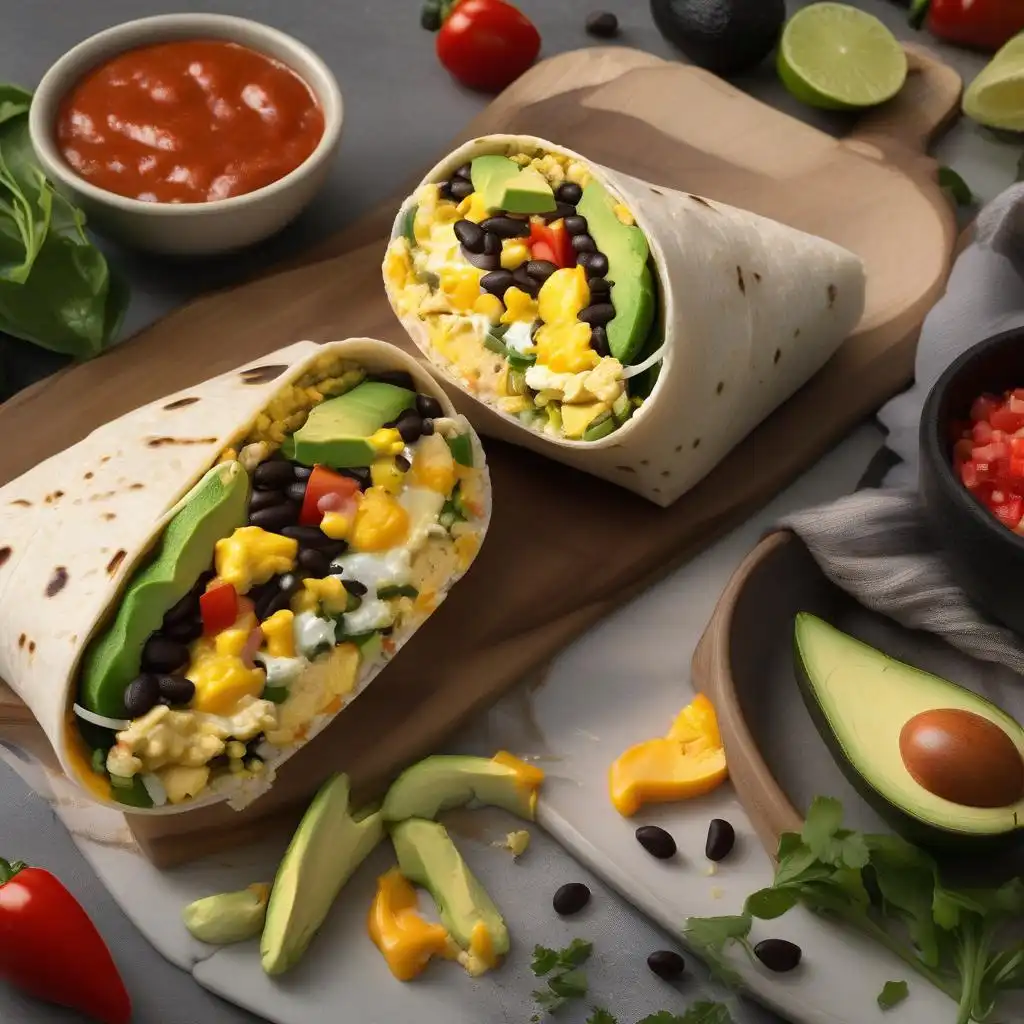 Healthy breakfast burrito filled with eggs, veggies, and avocado.