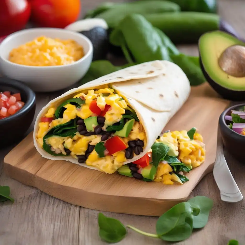 Healthy breakfast burrito filled with eggs, veggies, and avocado.