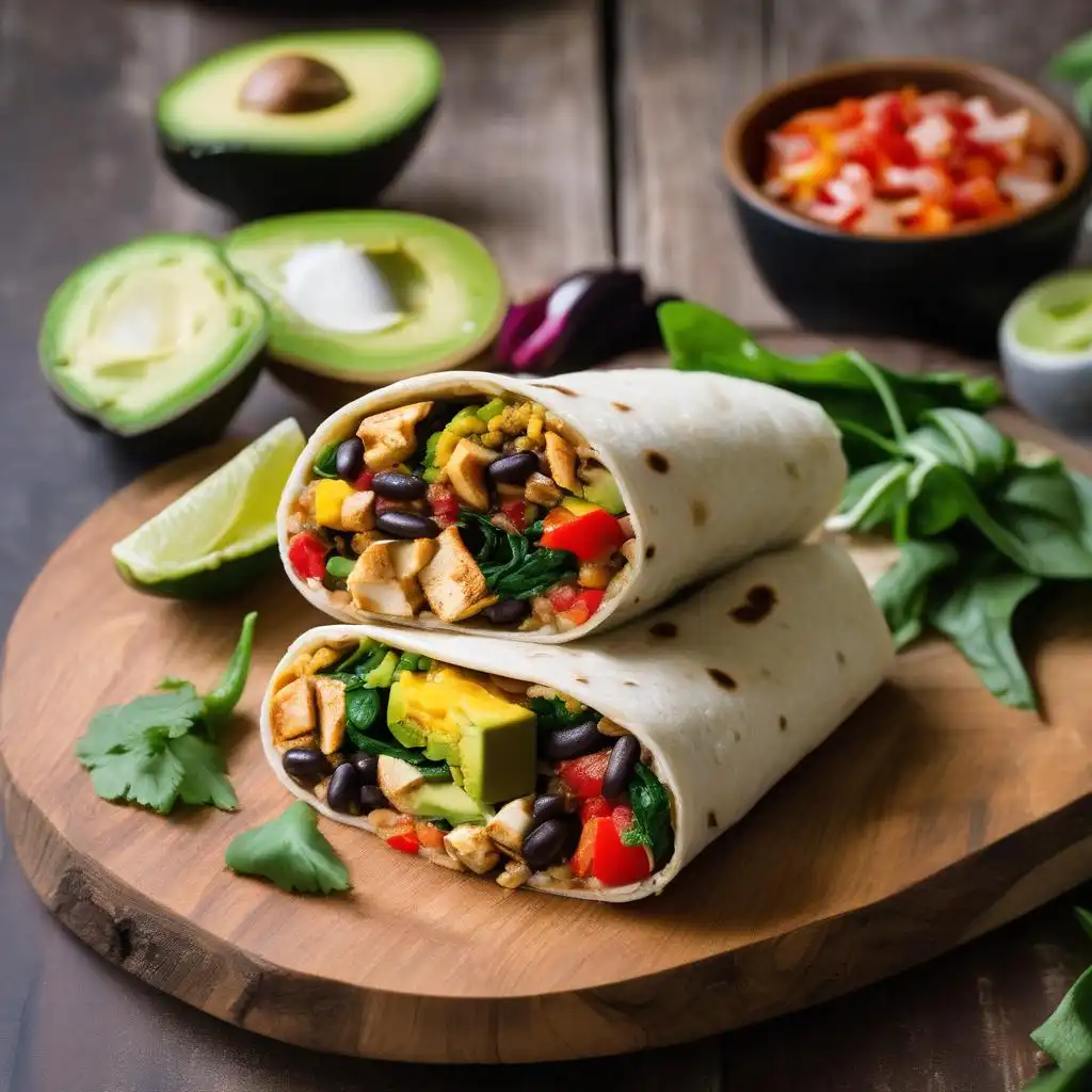 Healthy breakfast burrito filled with eggs, veggies, and avocado.