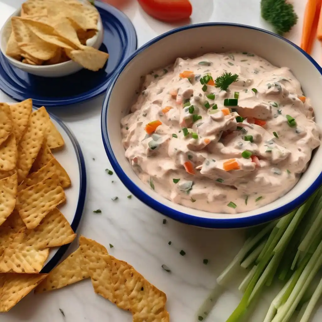 Smoked fish dip presented with an assortment of sides