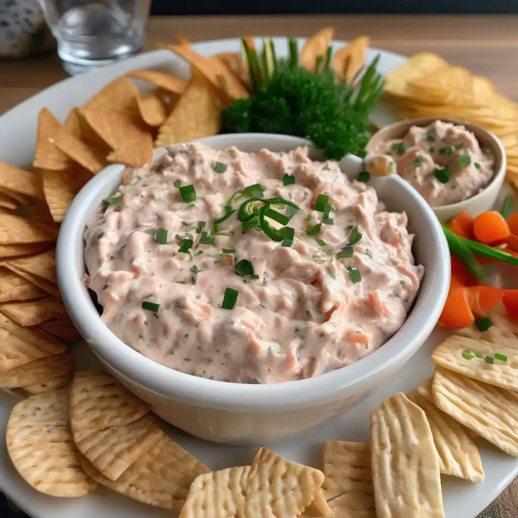 Savory smoked trout dip garnished with fresh herbs and served with crackers.