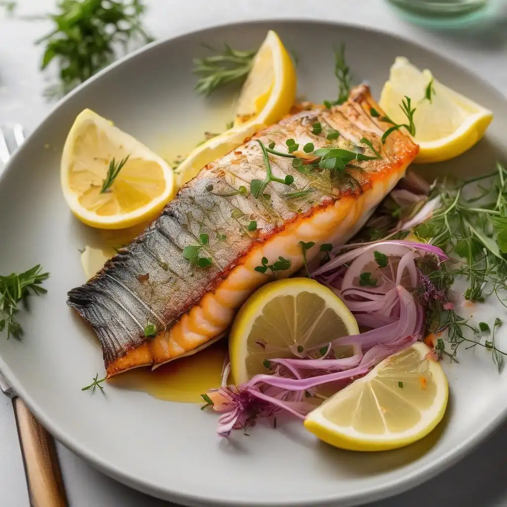 Grilled rockfish fillet garnished with lemon and herbs on a white plate