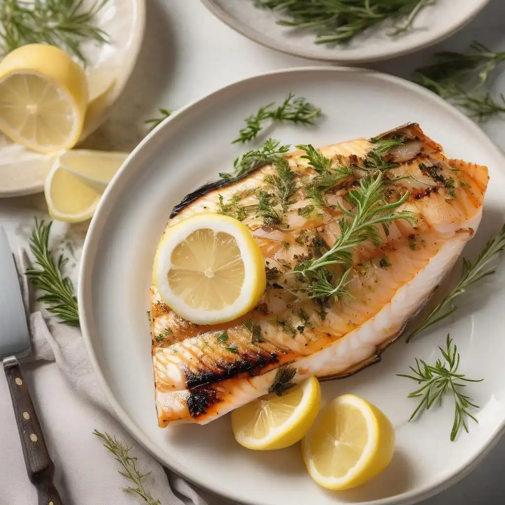 Grilled rockfish fillet garnished with lemon and herbs on a white plate