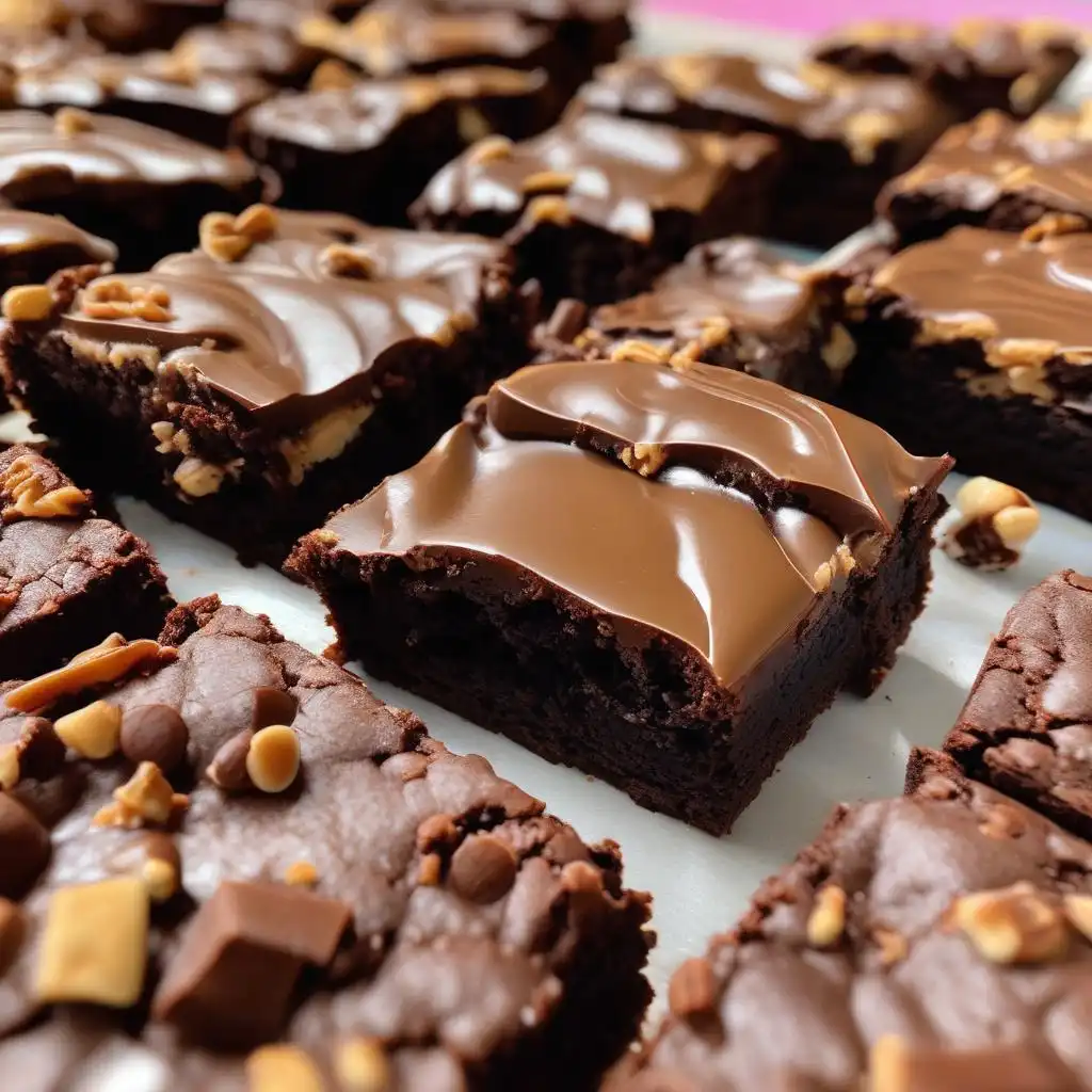 A close-up image of a decadent slutty brownie, showcasing layers of rich chocolate brownie, creamy cookie dough, and chunks of chocolate chips. The brownies are cut into squares, with a glossy finish and a sprinkle of coarse sea salt on top, placed on a rustic wooden surface.