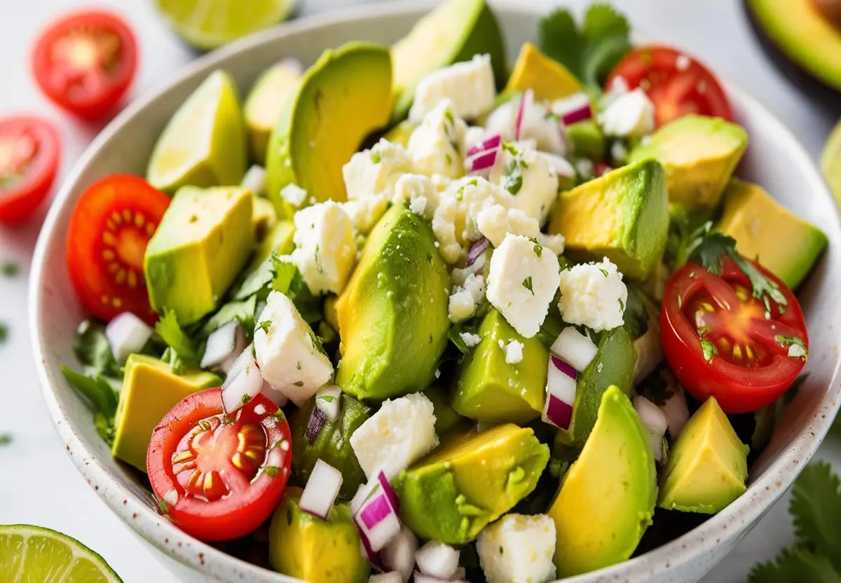 Creamy avocado feta salsa in a bowl.