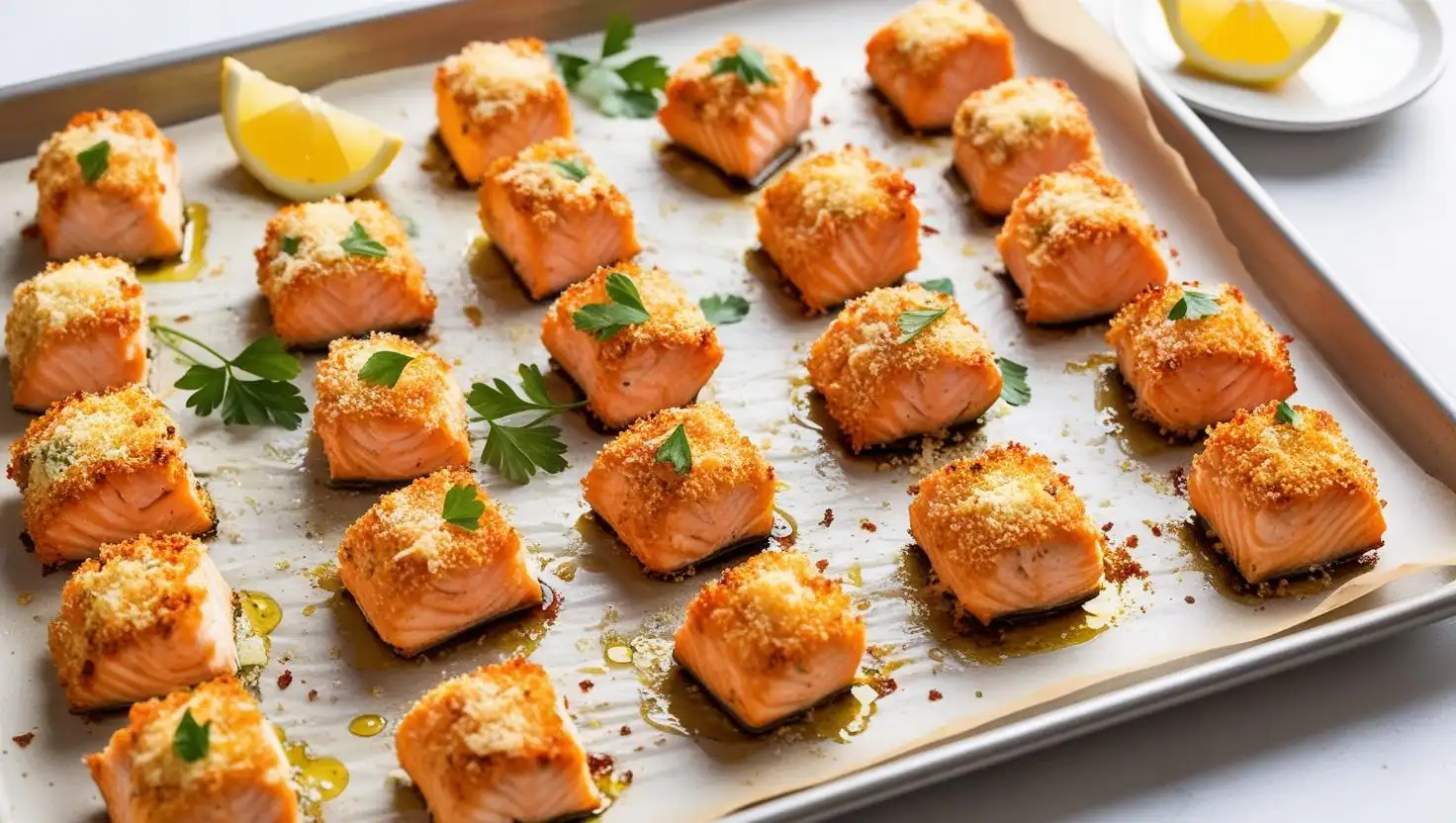 "These enticing Salmon Bites are a delightful seafood snack that combines the rich flavors of fresh salmon with a crispy exterior. Each bite is crafted to ensure maximum flavor and a satisfying crunch, making them an excellent choice for appetizers or quick snacks. Packed with protein and healthy omega-3 fatty acids, these delicious little treats offer a nutritious option for health-conscious eaters. Perfectly seasoned and served with a zesty dipping sauce, they are sure to impress at any gathering or casual get-together. Enjoy them warm or cold for a quick bite anytime. --ar 3:2"