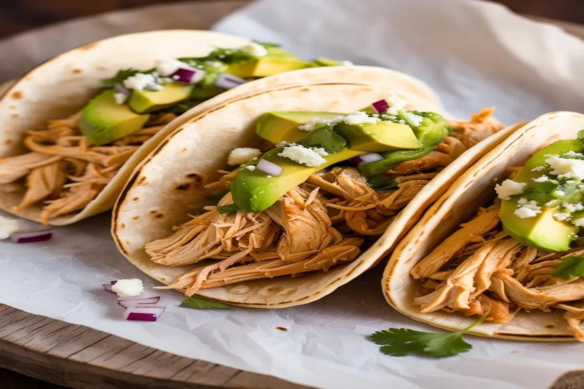 Healthy shredded chicken tacos with avocado salsa