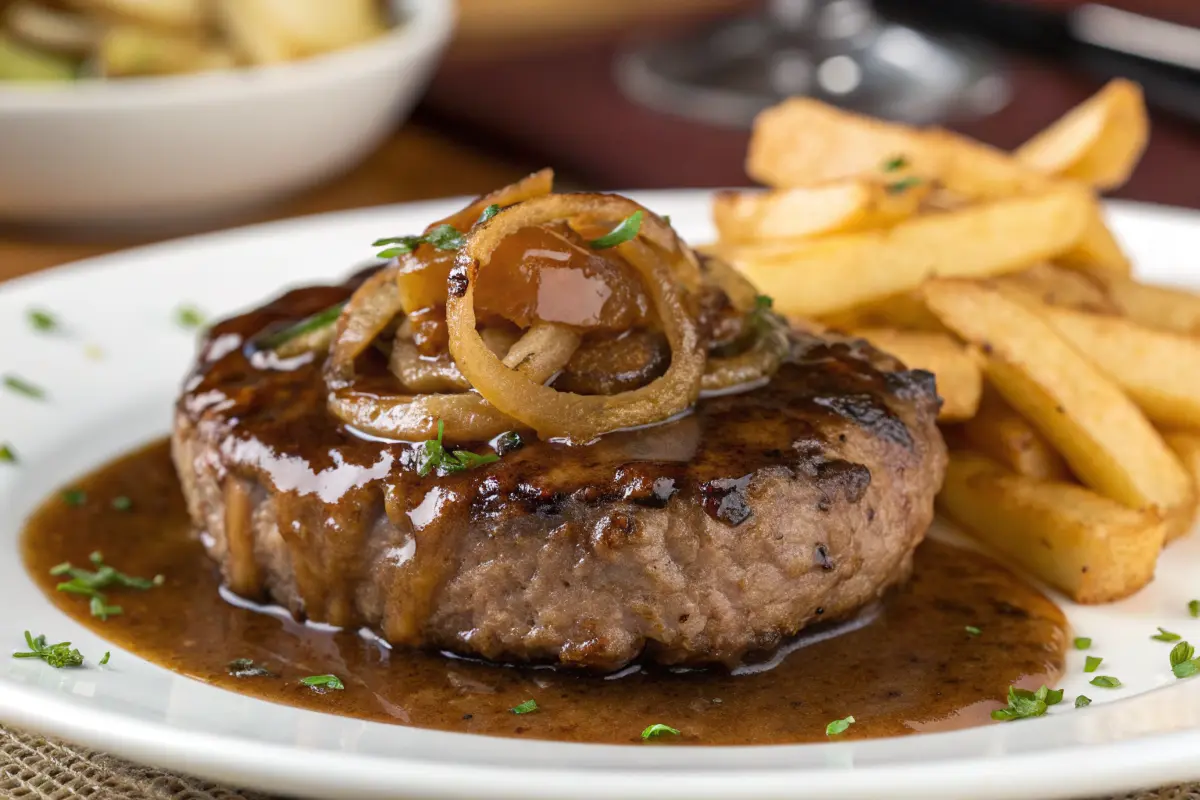 Classic hamburger steak with onion gravy on a plate.