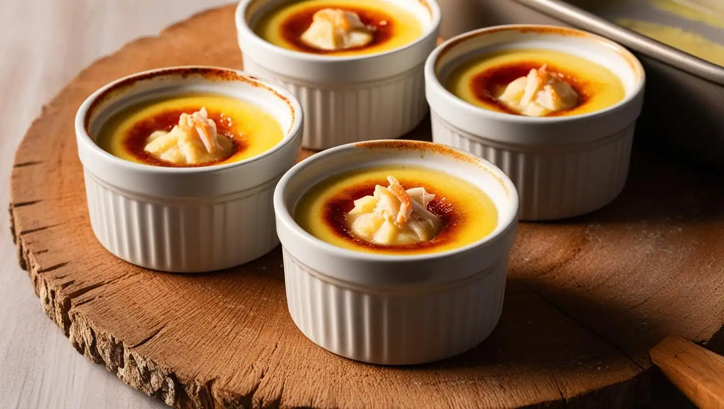 Delicious crab brulee topped with caramelized sugar.