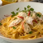 Creamy crab pasta plated beautifully