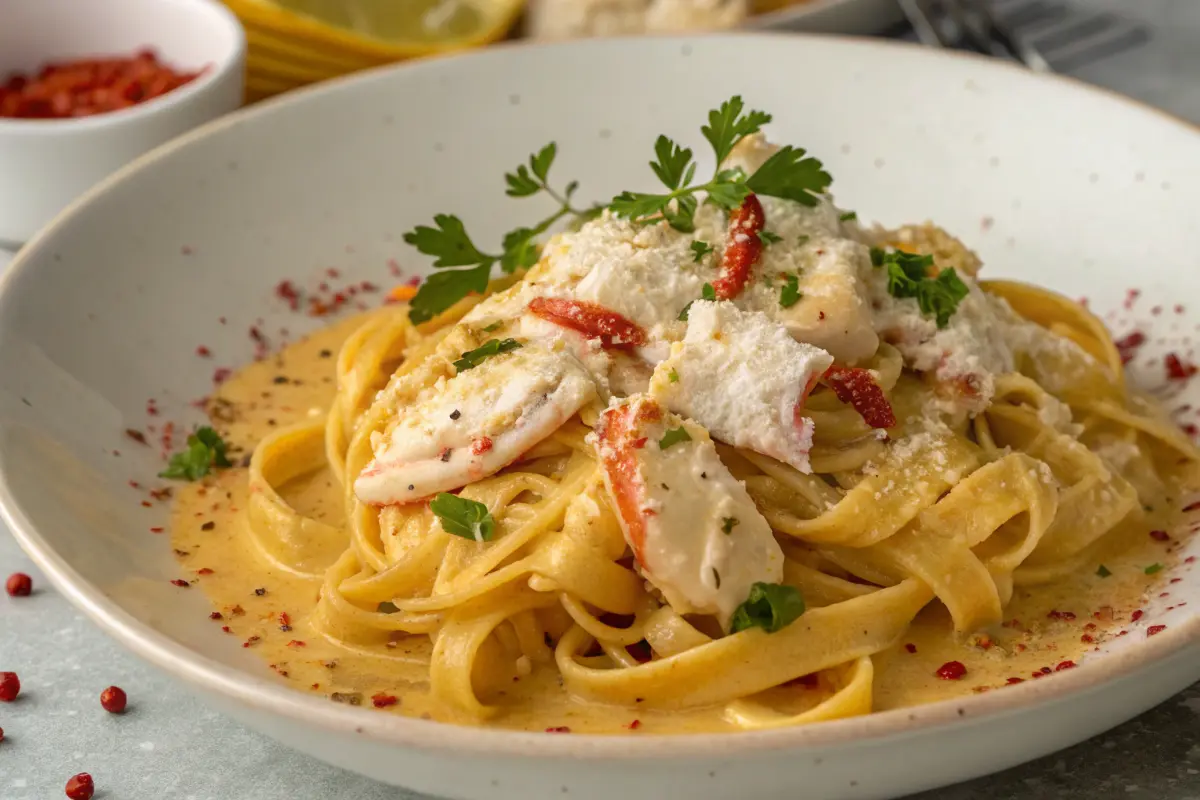 Creamy crab pasta plated beautifully