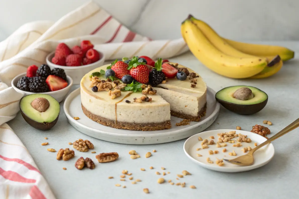 Healthy cheesecake topped with fresh berries and drizzled with maple syrup.