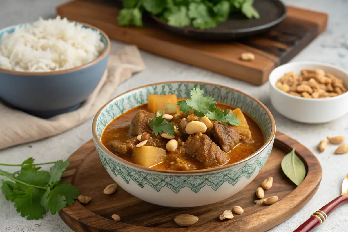 Delicious Slow Cooker Massaman Curry served with rice