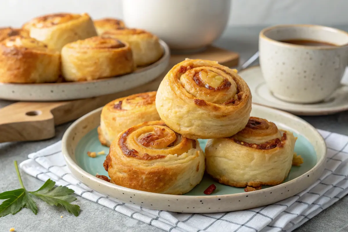 Puff pastry breakfast rolls filled with cream cheese and chives on a baking sheet.