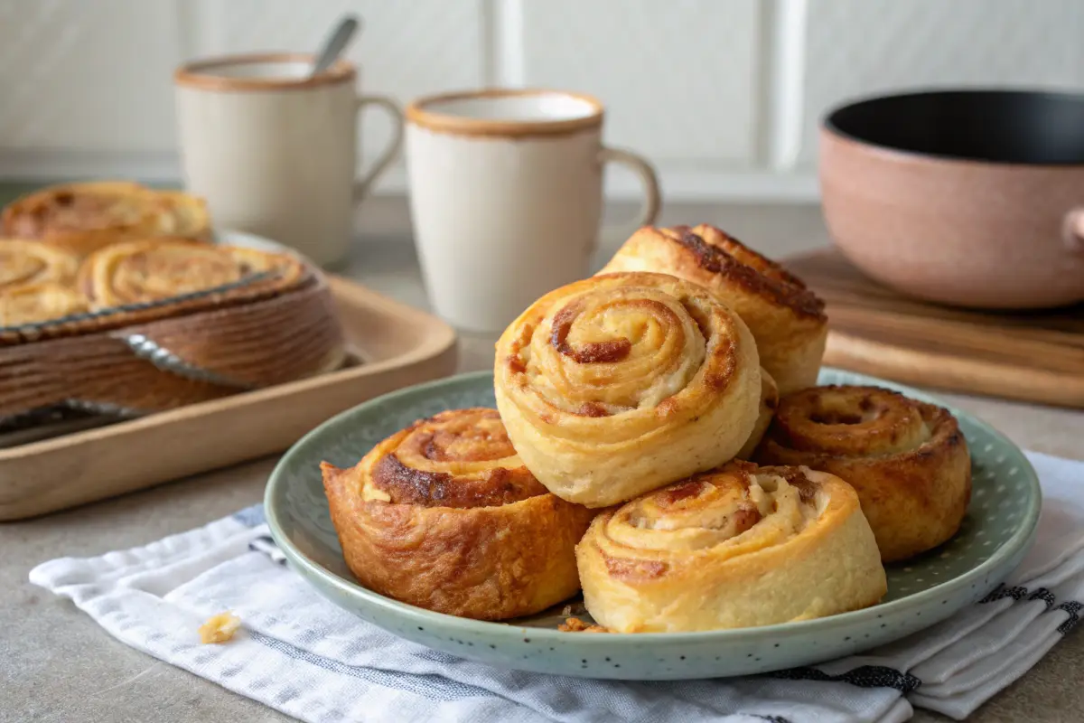 Puff pastry breakfast rolls filled with cream cheese and chives on a baking sheet.