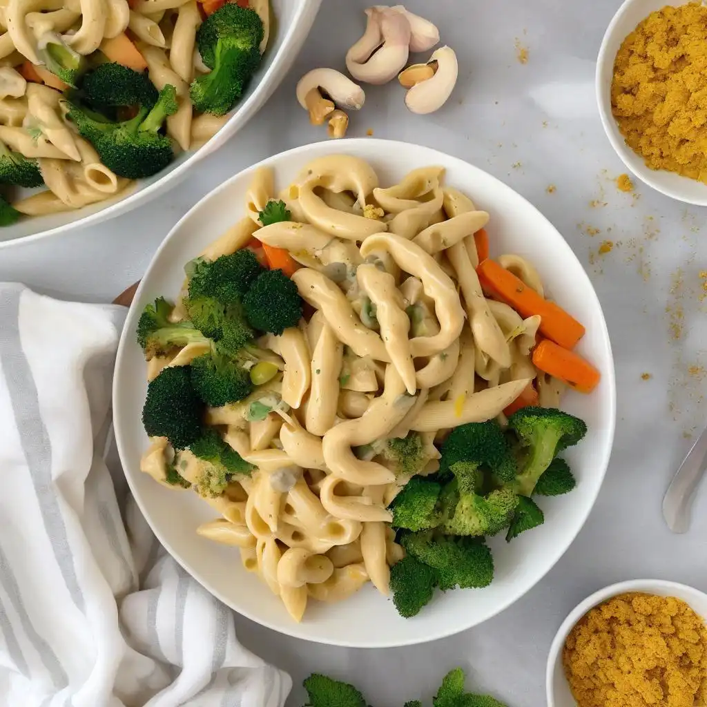 Creamy cashew cream pasta topped with herbs and vegetables gluten-free