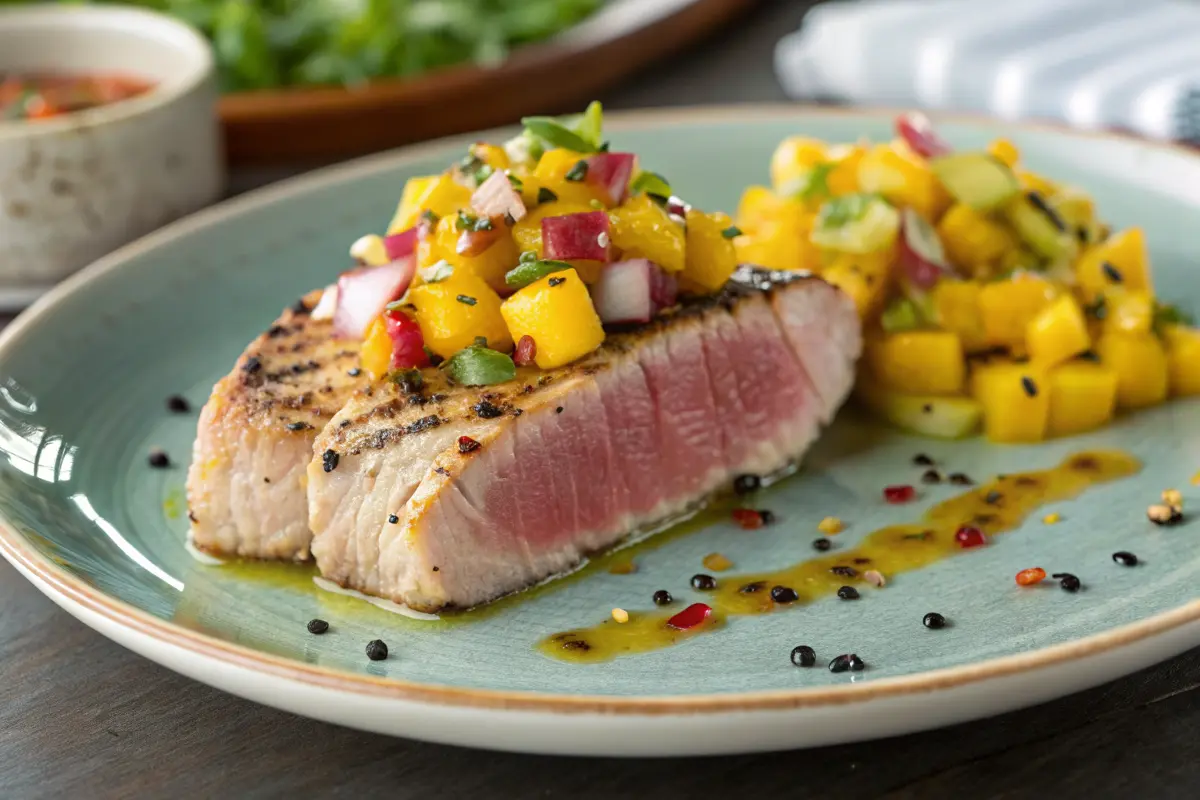 Seared yellowtail tuna with mango salsa