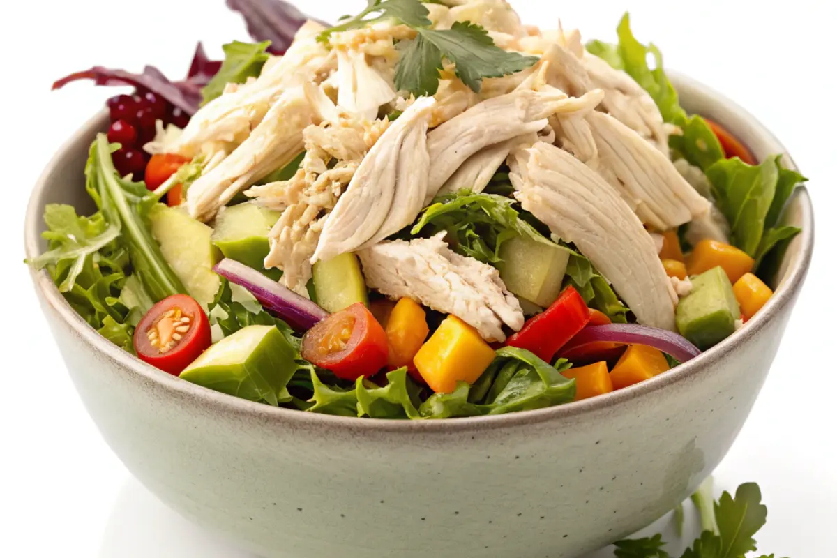 Healthy shredded chicken salad with mixed greens