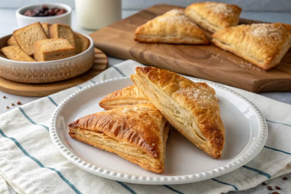 Sweet puff pastry turnovers filled with fruit and dusted with powdered sugar.