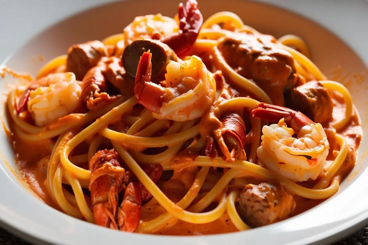 Cajun Seafood Pasta served in a bowl with fresh parsley