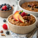 Amish baked oatmeal served with fresh berries and a drizzle of maple syrup.