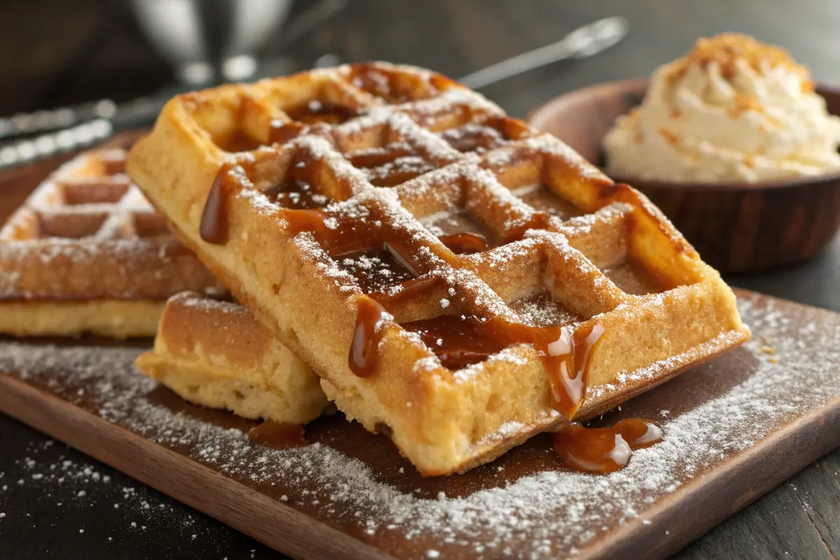 Belgian waffles topped with whipped cream