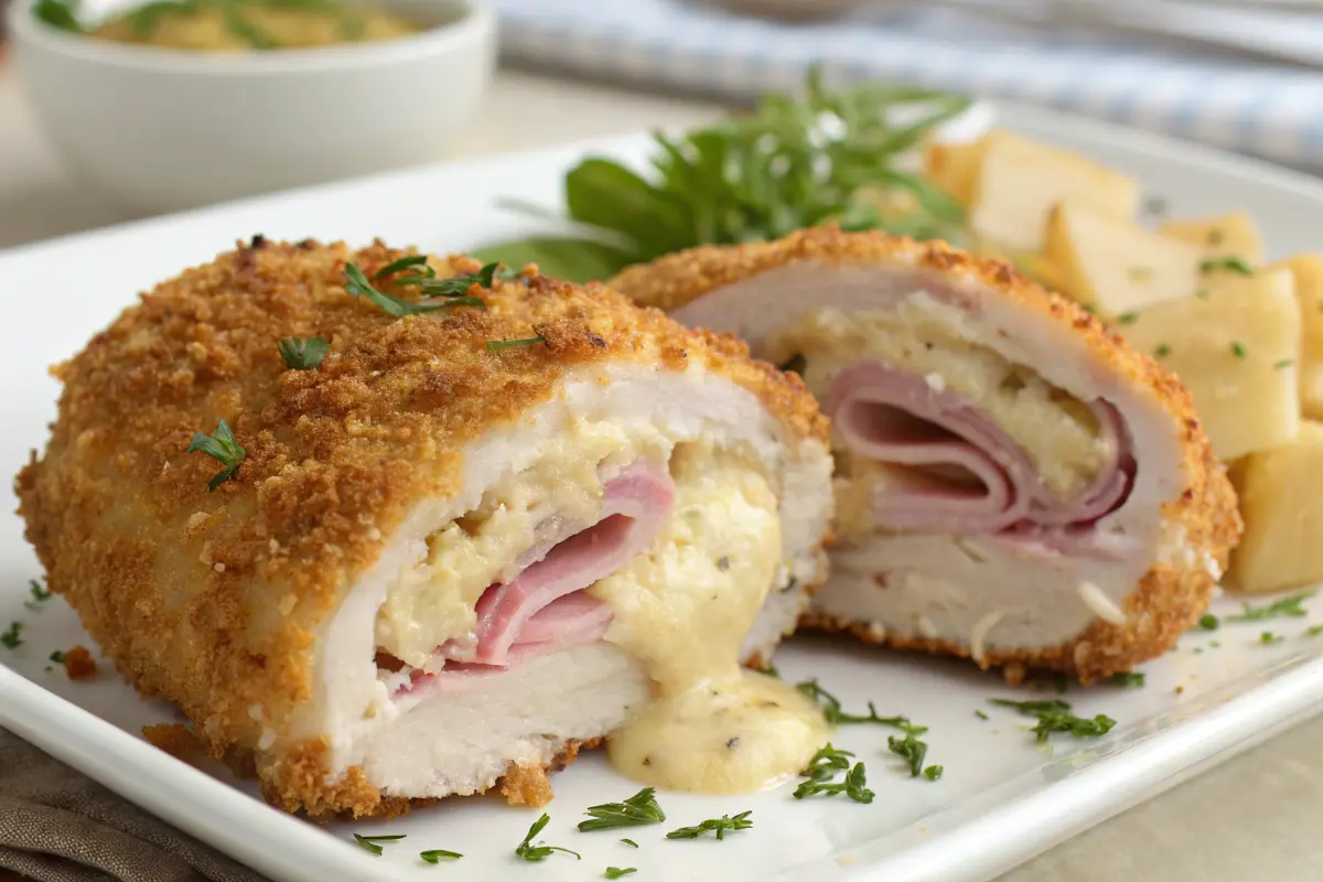 Chicken Cordon Bleu with ham and cheese, beautifully plated.