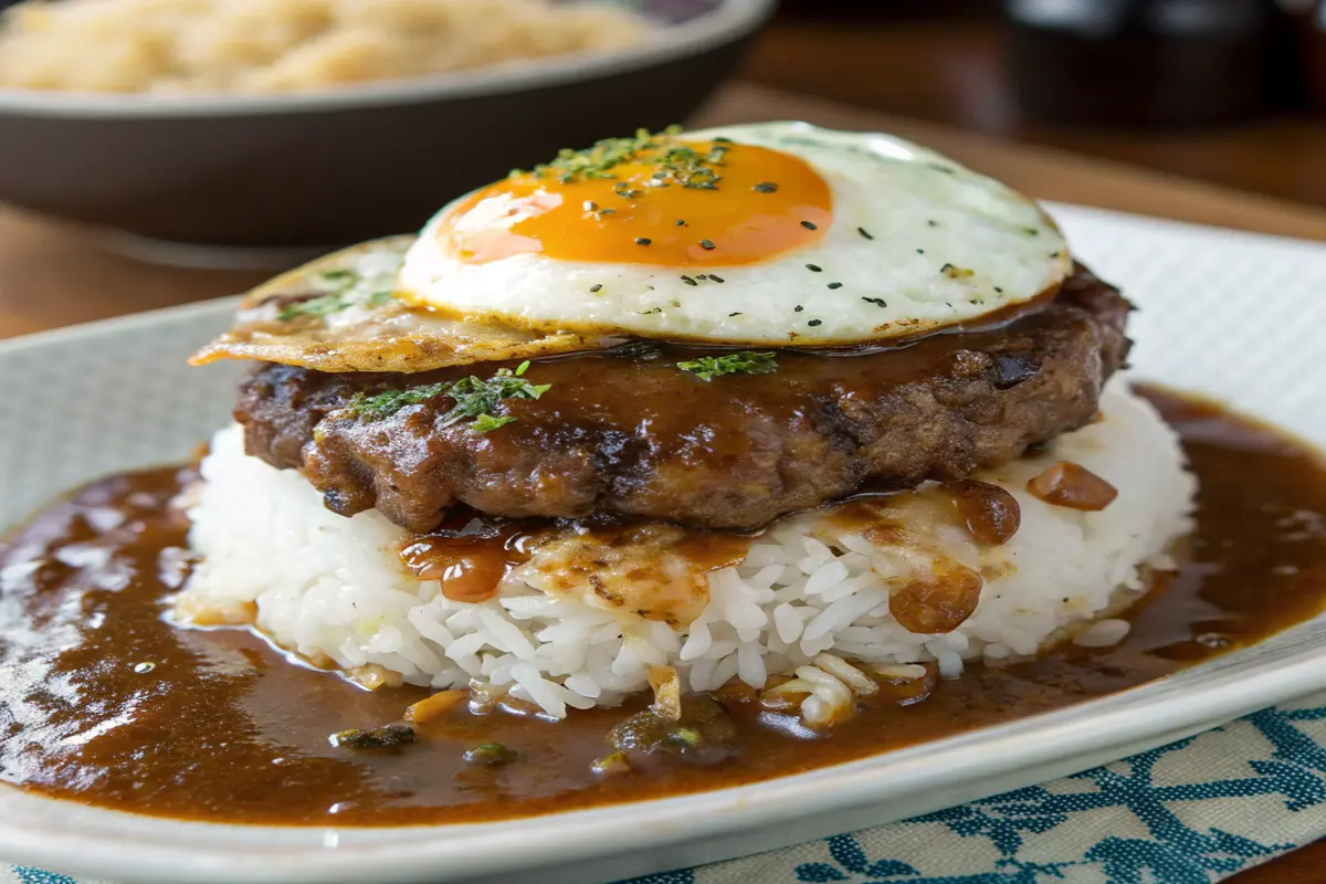 Traditional Hawaiian loco-moco dish.