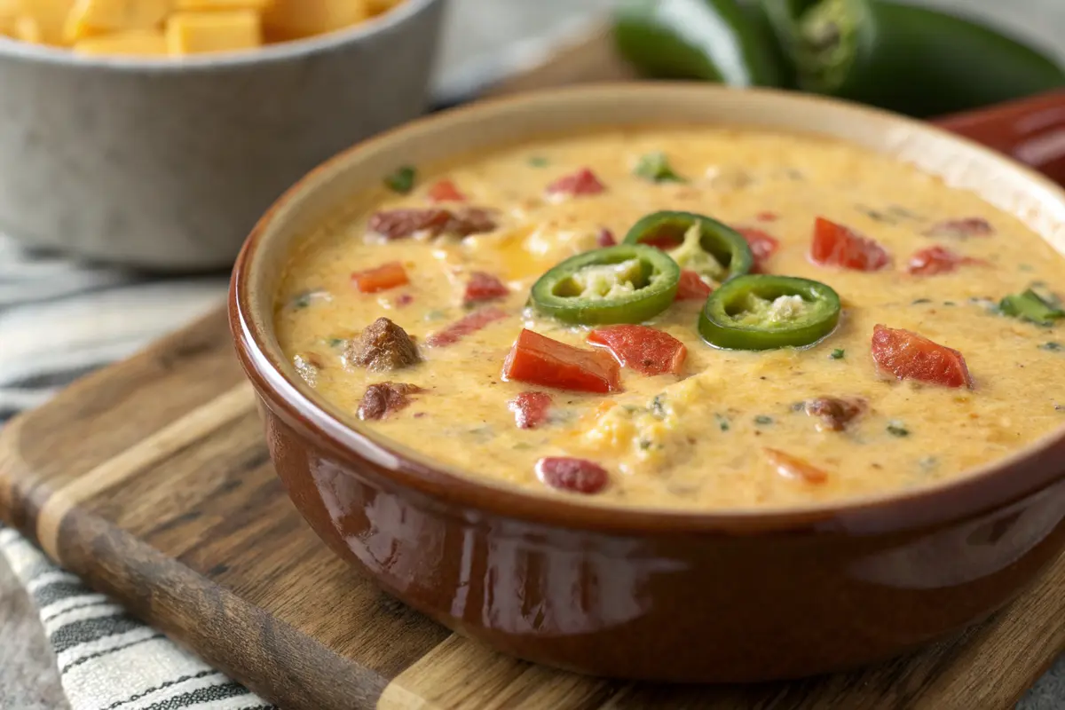 Breakfast Queso Dip served in a bowl