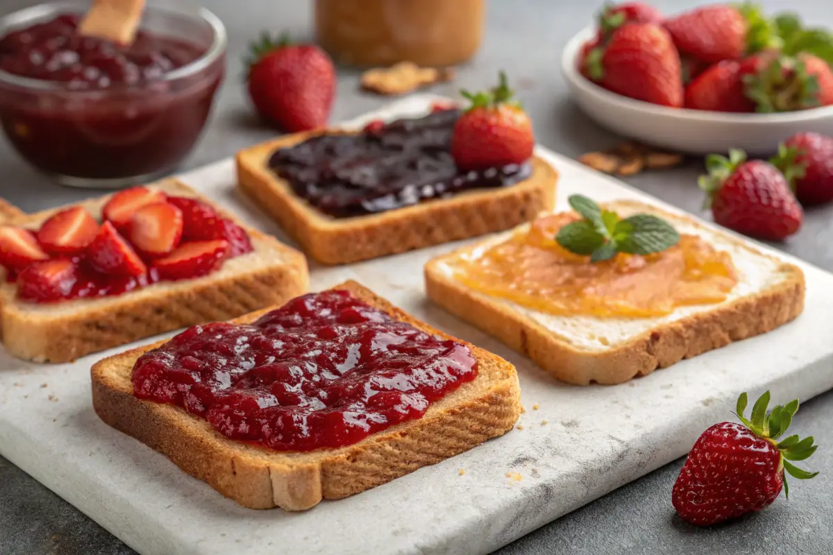 Delicious toast toppings including avocado, jam, and nuts