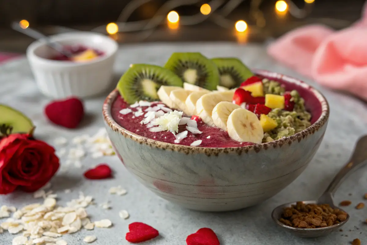 Tropical acai bowl topped with fresh fruits and granola.