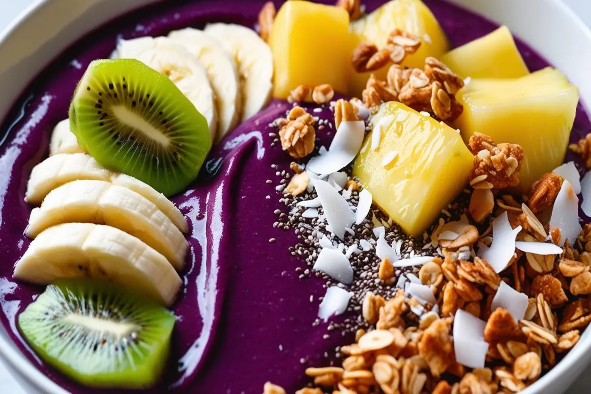 Tropical acai bowl topped with fresh fruits and granola.