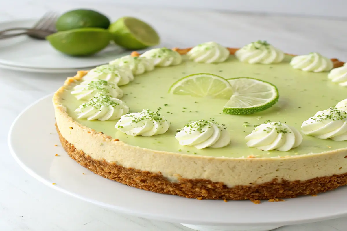 Delicious Florida Key Lime Pie served with whipped cream and lime slices.